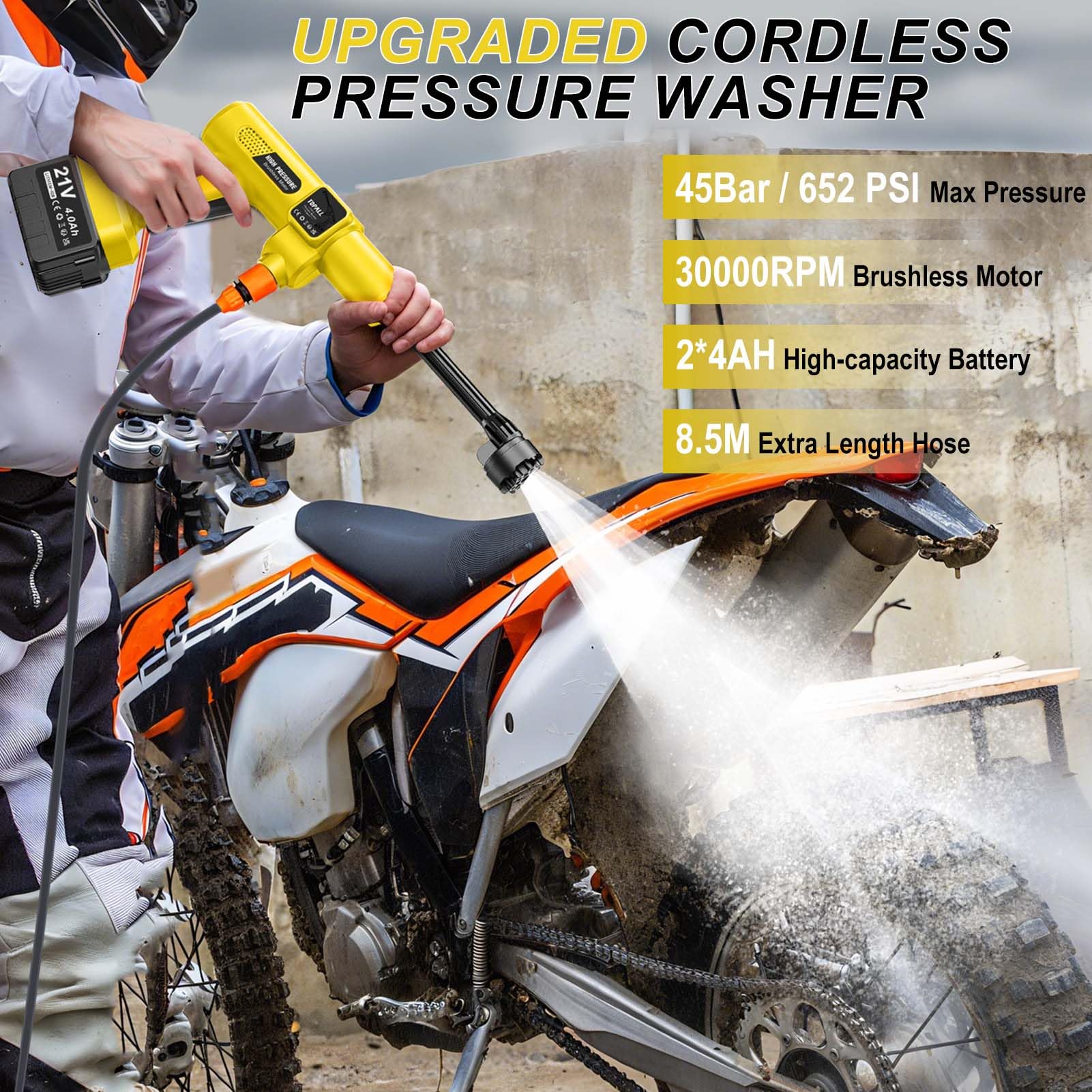 TOPALL Akku Hochdruckreiniger Pistole,Mini Mobiler Hochdruckreiniger Max 45 Bar/652PSI,High Pressure Cleaner,mit 2 * 4000mAh|8.5M Schlauch|6-in-1 Düse,Kabelloser Hydro Blast