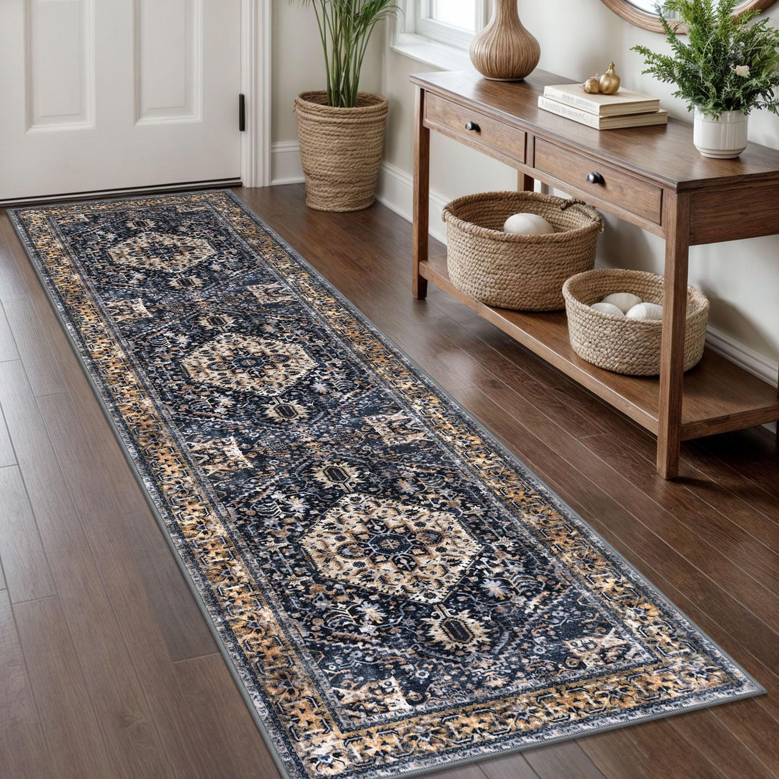 KOZYFLY Hallways Runner Rug 2x8 Ft Washable Tufted Rugs, Non Slip Kitchen Rugs with Rubber Backing, Navy Distressed Floor Carpet Runners for Entryway Indoor Hallway Bedroom, Vintage, Vintage Rug — image 1