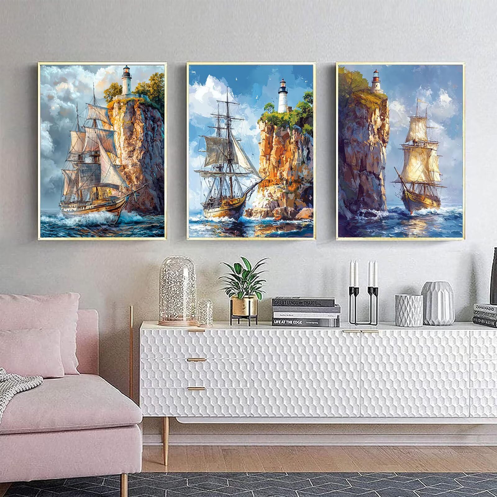 Cnyaunfi 3 Pezzi Oceano Pittura Diamante Fai-Da-Te 5D Blu Diamond Painting Kit Completo per, Hobby Creativi Adulti, Pittura Diamante Artigianale Per La Decorazione Della Parete Di Casa 70x90cm YF-3391