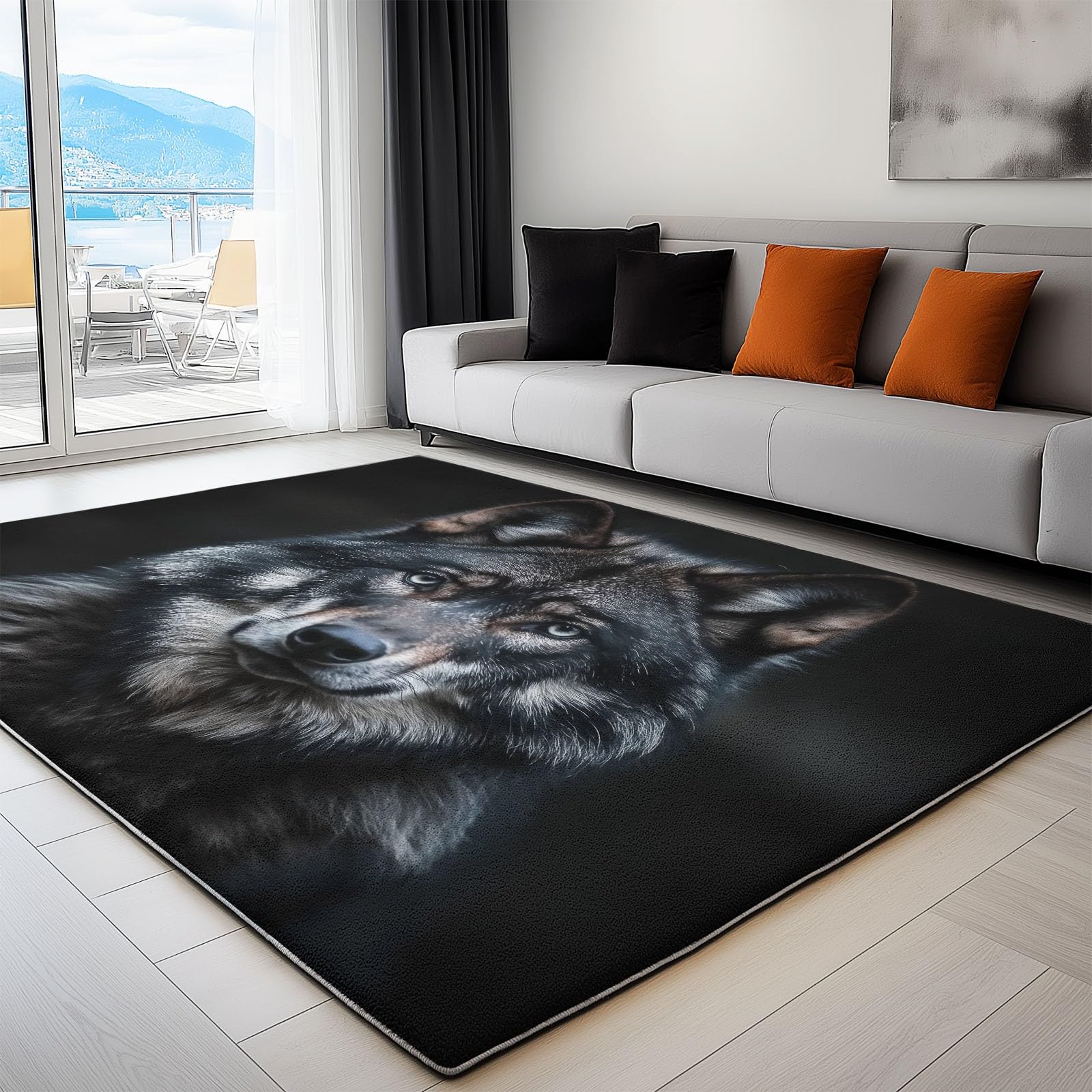 Tapis salon animal loup noir pour intérieur et extérieur sous la table