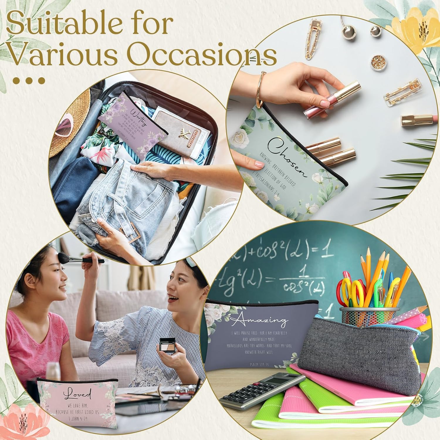 Jetec 30 Pcs Christian Gift for Women Bulk Religious Cosmetic Bags Christmas Inspirational Bible Verse Pencil Pouch Makeup Bags with Zipper for Travel Women Mother Church Favors(Brave,Morandi Style)