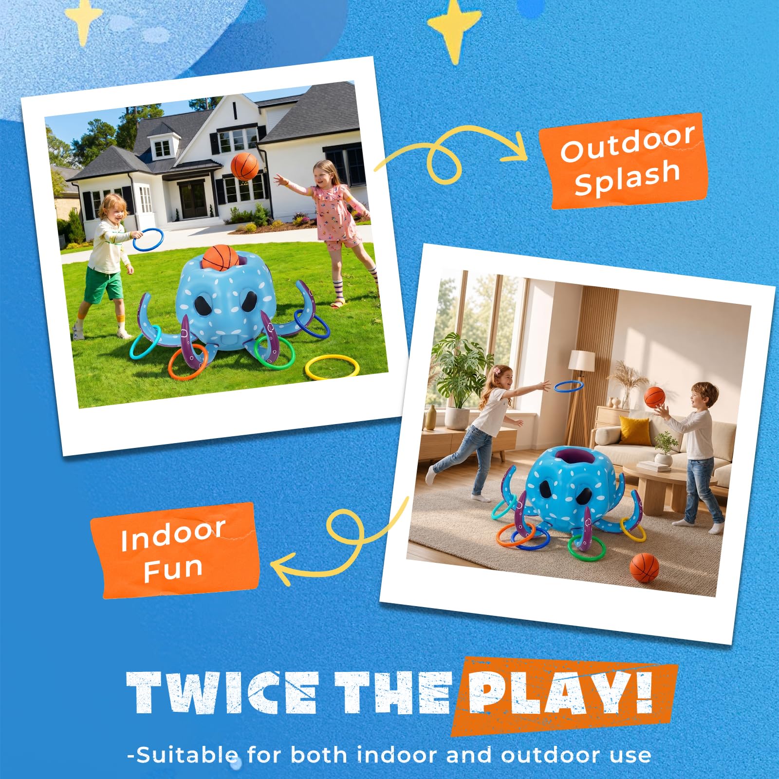 Juego de Piscina Hinchable Pulpo Niños, 2-en-1 Canasta de Baloncesto & Lanzamiento de Anillas, Juego Acuático Verano Playa, Regalo Cumpleaños para Niños Adultos Familia