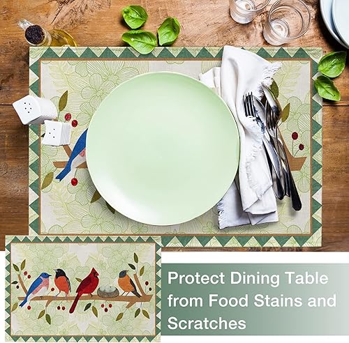 Miniatura 5 de Seliem Juego de 4 manteles individuales con ramas de árbol de Spring Birds - Cardenal Bluebird Bullfinch para mesa de comedor, decoración de cocina