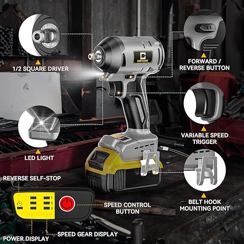 Miniatura 7 de Llave de impacto inalámbrica de 12 pulgada, anillo de cerdo compatible con batería Dewalt de 20 V, par máximo de 250 pies libras (338 N.m), motor de