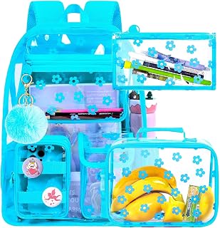 WZLVO Clear Bag for Girls, 17" Women Heavy Duty PVC See Through Bookbag, Cute Stadium Approved Transparent Backpack for Elementary Preschool - Aesthetic Plum Blossom Sky Blue
