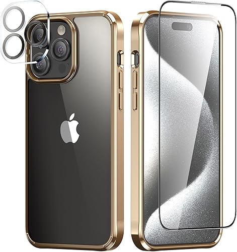 Foluu Funda ultradelgada para iPhone 15 Pro de 6.1 pulgadas con protector de pantalla de vidrio templado y protector de lente de cámara, chapado