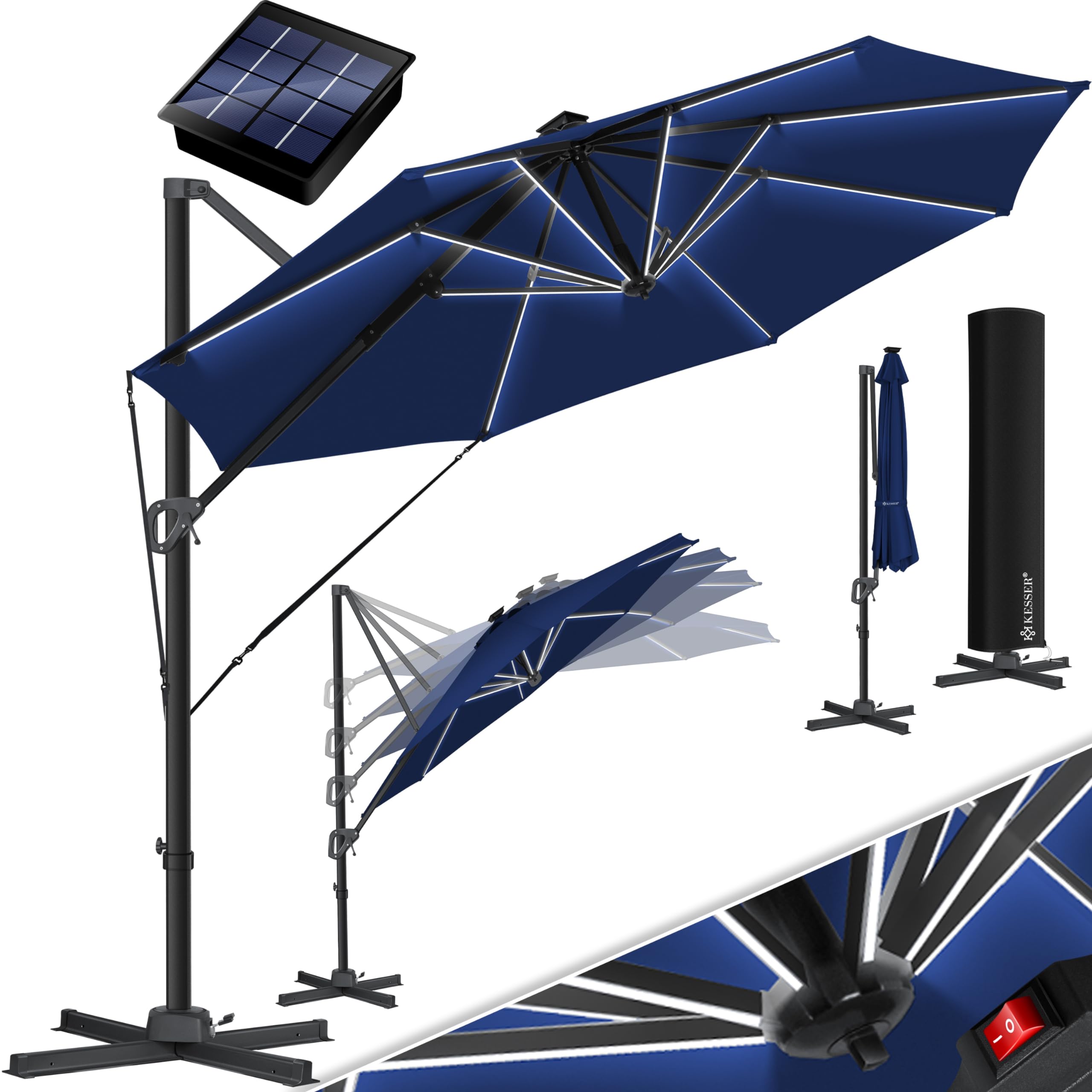 KESSER® Parasol SUN Redondo XL Ø330 cm Sombrilla de Jardín con Cubierta + Seguridad Viento Ajustable 7 Posiciones Giratorio Inclinable Gira 360° Manivela Protección Solar UV50+