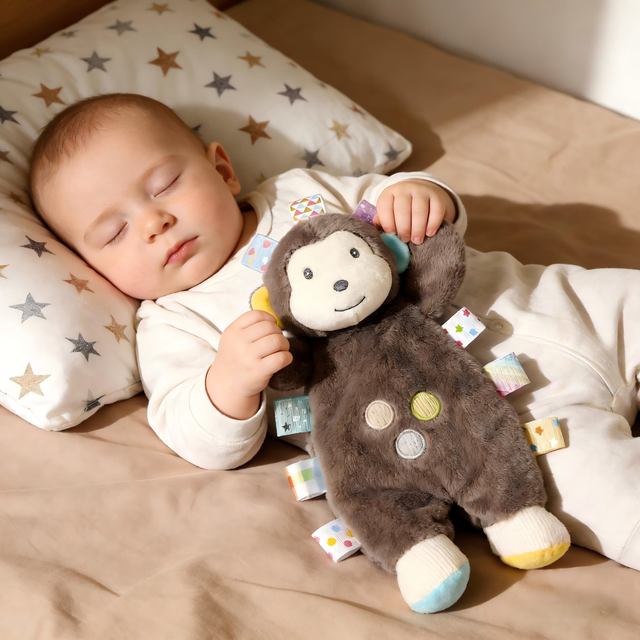 CREVENT Cozy Plush Baby Animal Head Security Blanket, Soft Monkey Lovey with Crinkle Arms for Baby Girls &amp; Boys Birthday Gift