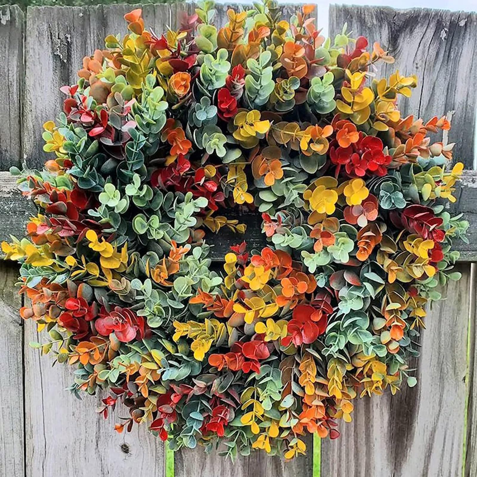 URMAGIC Fall Wreath for Front Door,18 Inch Fall Eucalyptus Wreath,Plastic Autumn Harvest Wreath,Thanksgiving Wreath Decoration,Eucalyptus Leaf Farmhouse Wreath,Wedding Decoration (14 in)