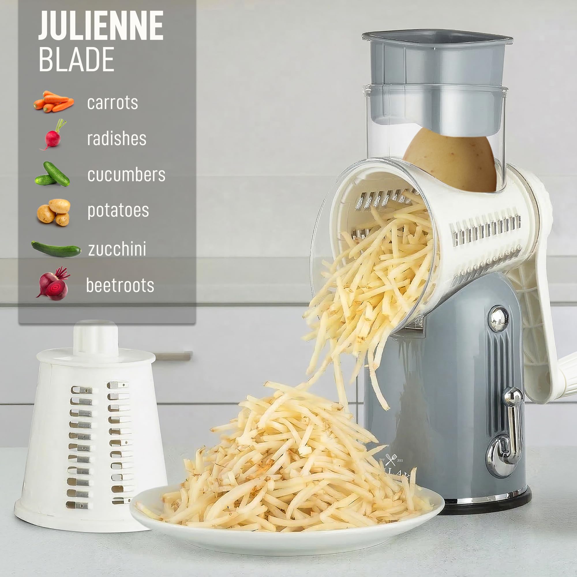 Zulay Kitchen - Râpe à fromage rotative à 5 lames - Râpe à fromage manuelle avec manivelle et aspiration renforcée & 5 tambours interchangeables - Facile à utiliser, hachoir à légumes, mandoline ronde