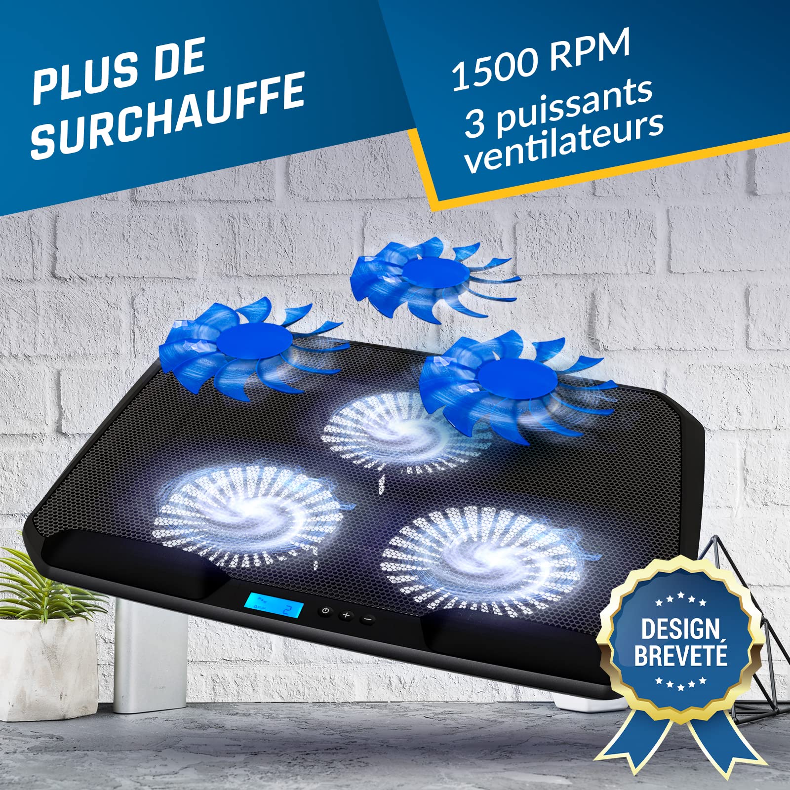 KLIM KN02 Refroidisseur PC Portable 11-17,3 Pouces - Repose-Poignets Ergonomiques Innovants - 3 Ventilateurs de 1500 RPM - Support PC Portable + Grille métallique + Garanti 5 Ans - 2022