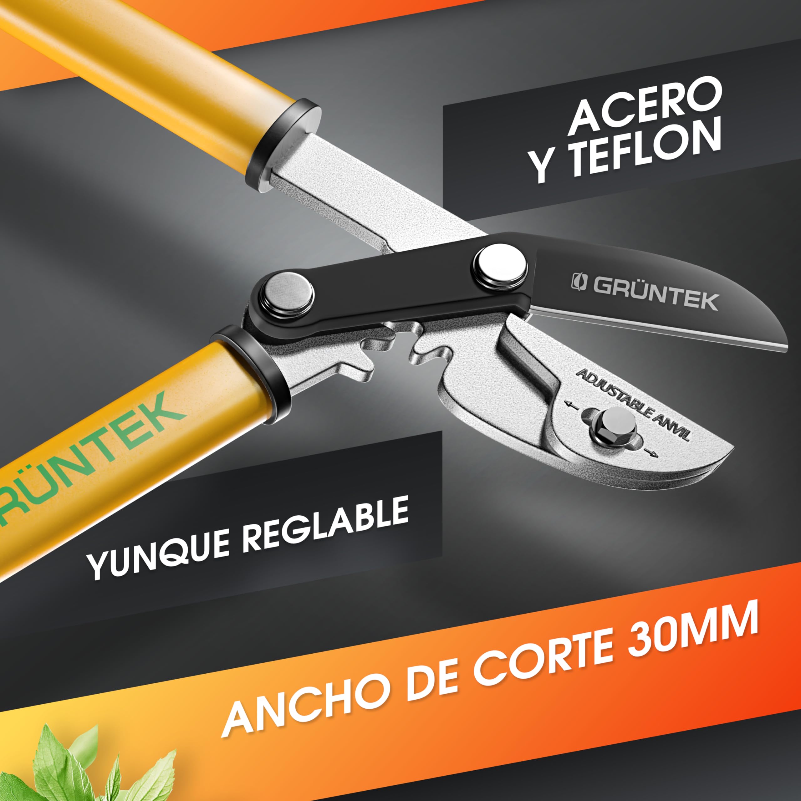 GRÜNTEK Tijeras de podar dos manos para jardineria GRIZZLY 47cm. Cortarramas con doble engranajes de corte
