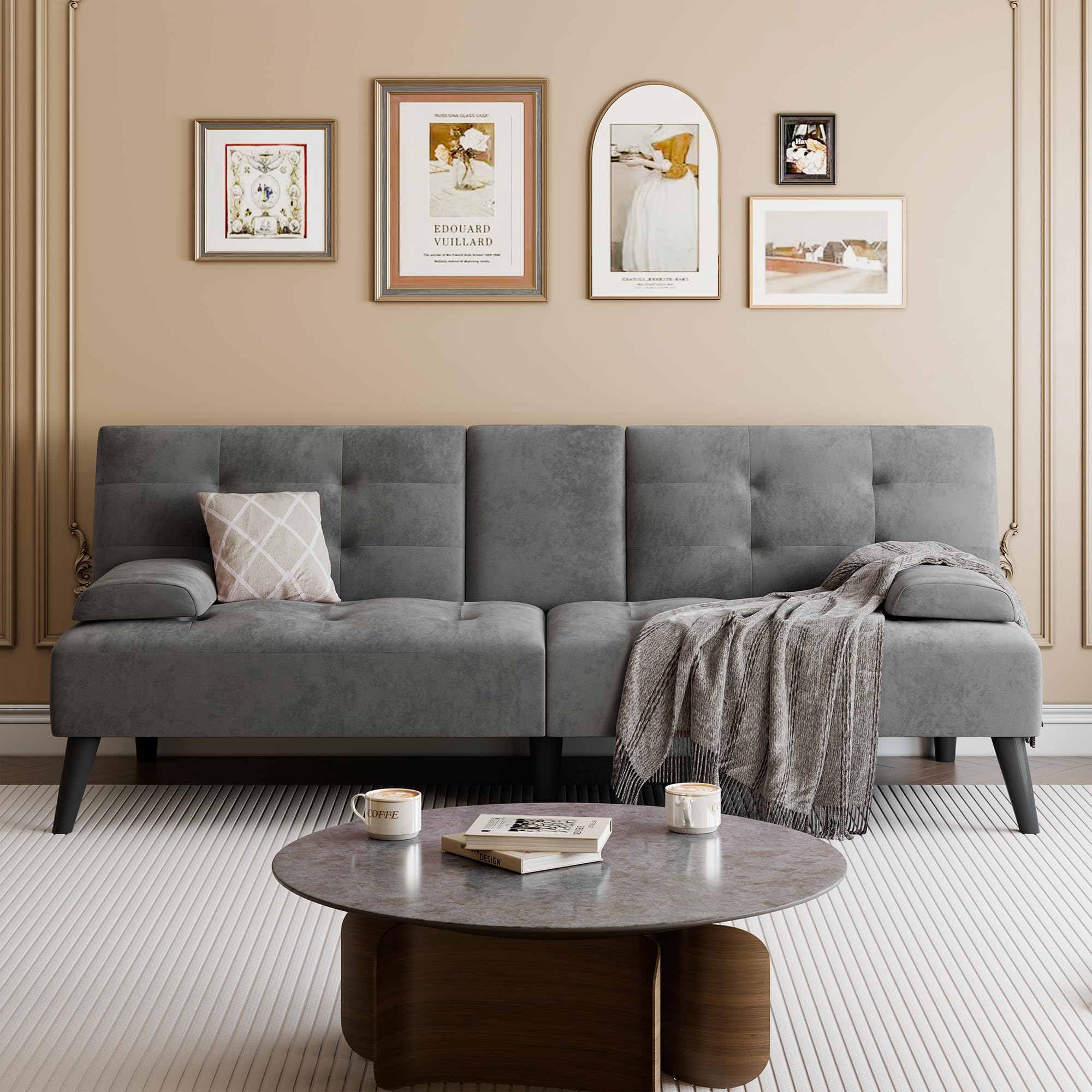 64" Futon Sofa Bed, Convertible Loveseat with 2 Cup Holders, Small Couch with 3 Adjustable Angles & Armrests, Sleeper Sofa for Small Space, Dark Grey