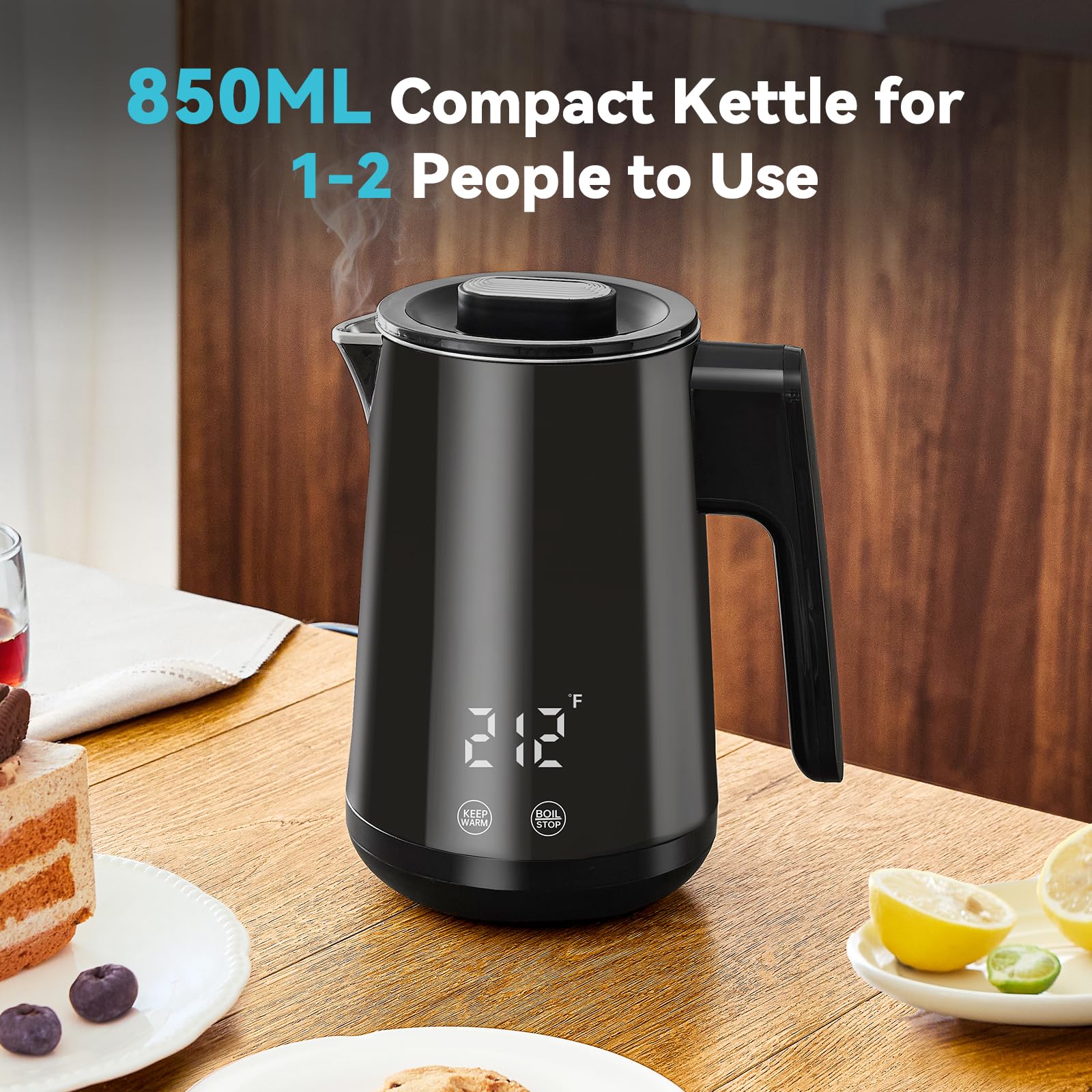 Seehot 850ml Small Electric Kettle Temperature Control,800W Double Wall Electric Tea Kettle of 304 Stainless Steel,5 Temp Presets,Hot Water Kettle Electric,Auto Shut Off for Tea and Coffee-Black