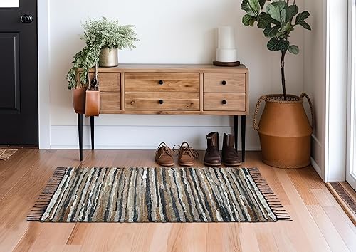 Miniatura 2 de COTTON CRAFT Leather Chindi - Alfombra decorativa rústica bohemia de estilo rústico, tejida a mano, reversible, de piel reciclada, para entrada,