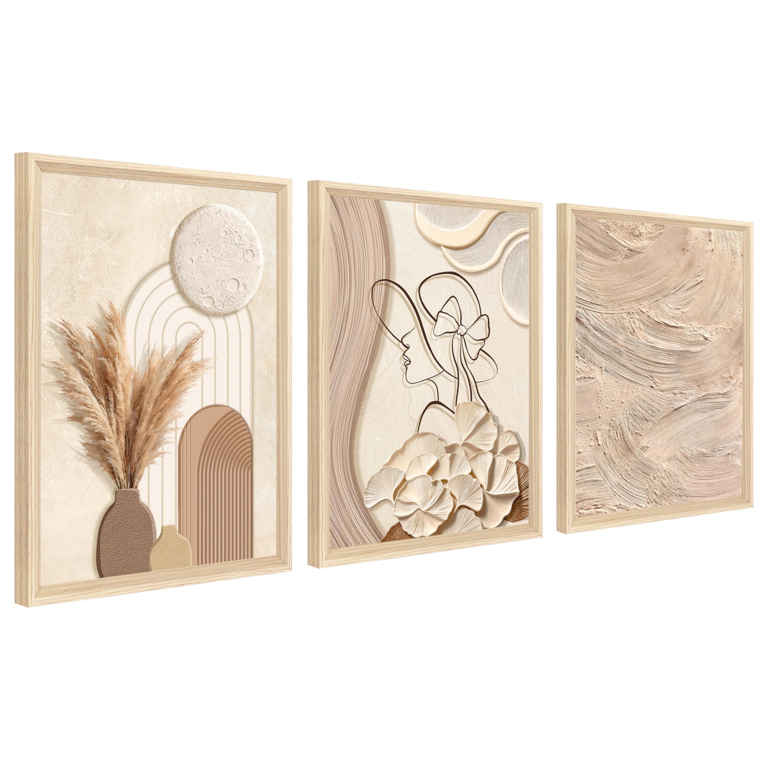 3Pcs Cadre en bois Impression sur Toile Beige Clair et Crème Tableau Silhouette Féminine Peinture Motif Abstrait Neutre Tableau Decoration Murale Salon Chambre Maison 30x40cm x3 (Pas de plexiglas)