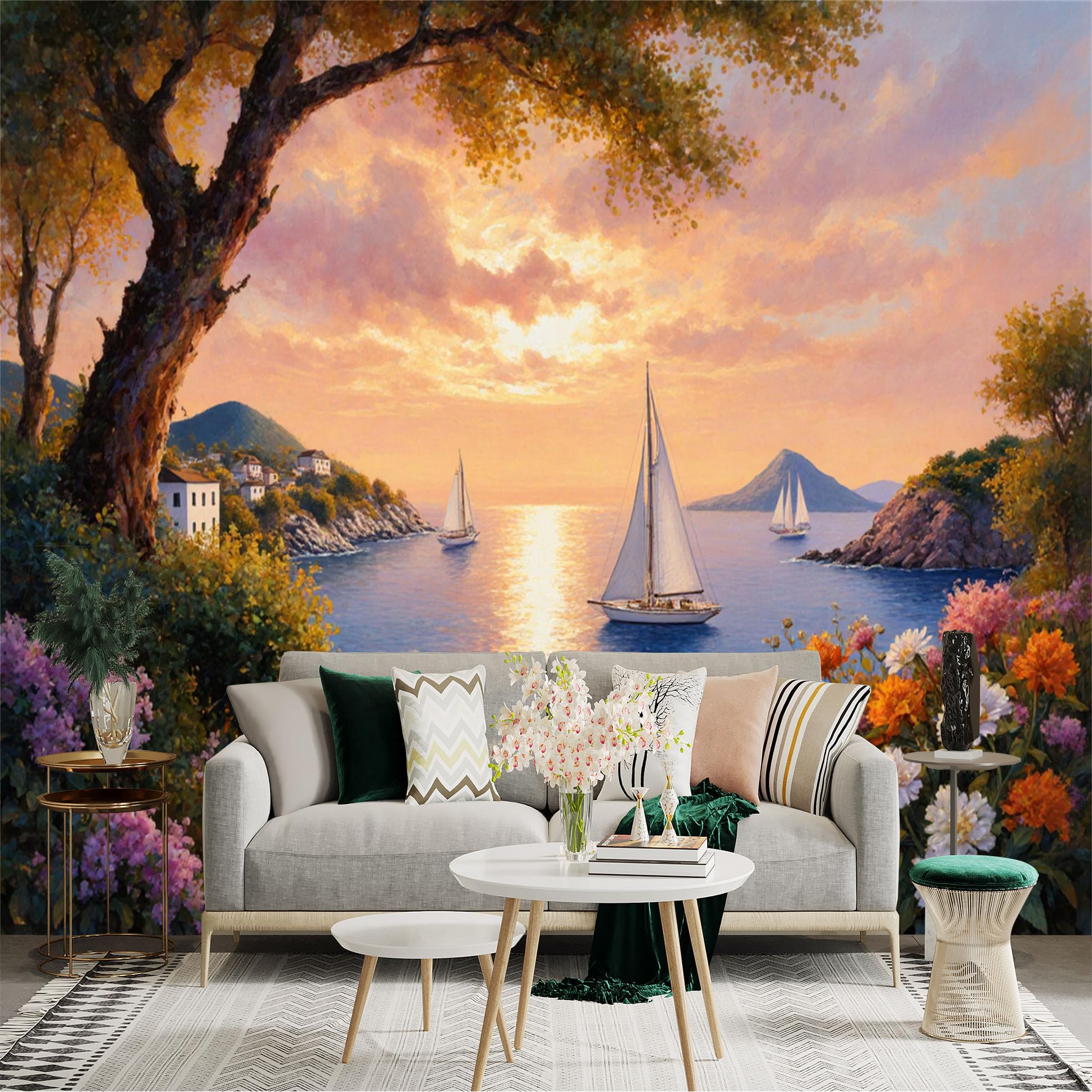 Custom Size Wall Sticker Mural， Sunset Seascape with Sailboats， Mediterranean Coastal View， Blooming Flowers and Trees， for wall Decoration， peelandstick wall Decals.