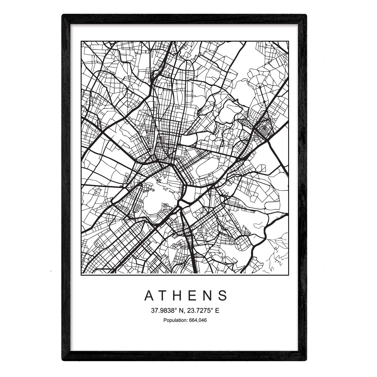 Nacnic Athens Nordic Style Black and White City Map Poster A4 Framed with Black Frame Printed Paper 250 g Paintings, Sheets and Posters for Living Room and Bedroom