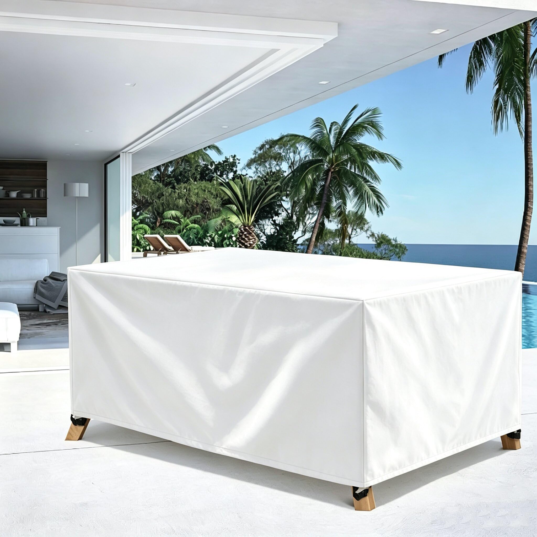 Copertura per Mobili da Giardino Impermeabile, 160x85x100cm/LxWxH Tutte Le Taglie Copertura Tavolo Esterno Rettangolare, Antivento Anti-UV, con cinturino antivento e coulisse regolabile