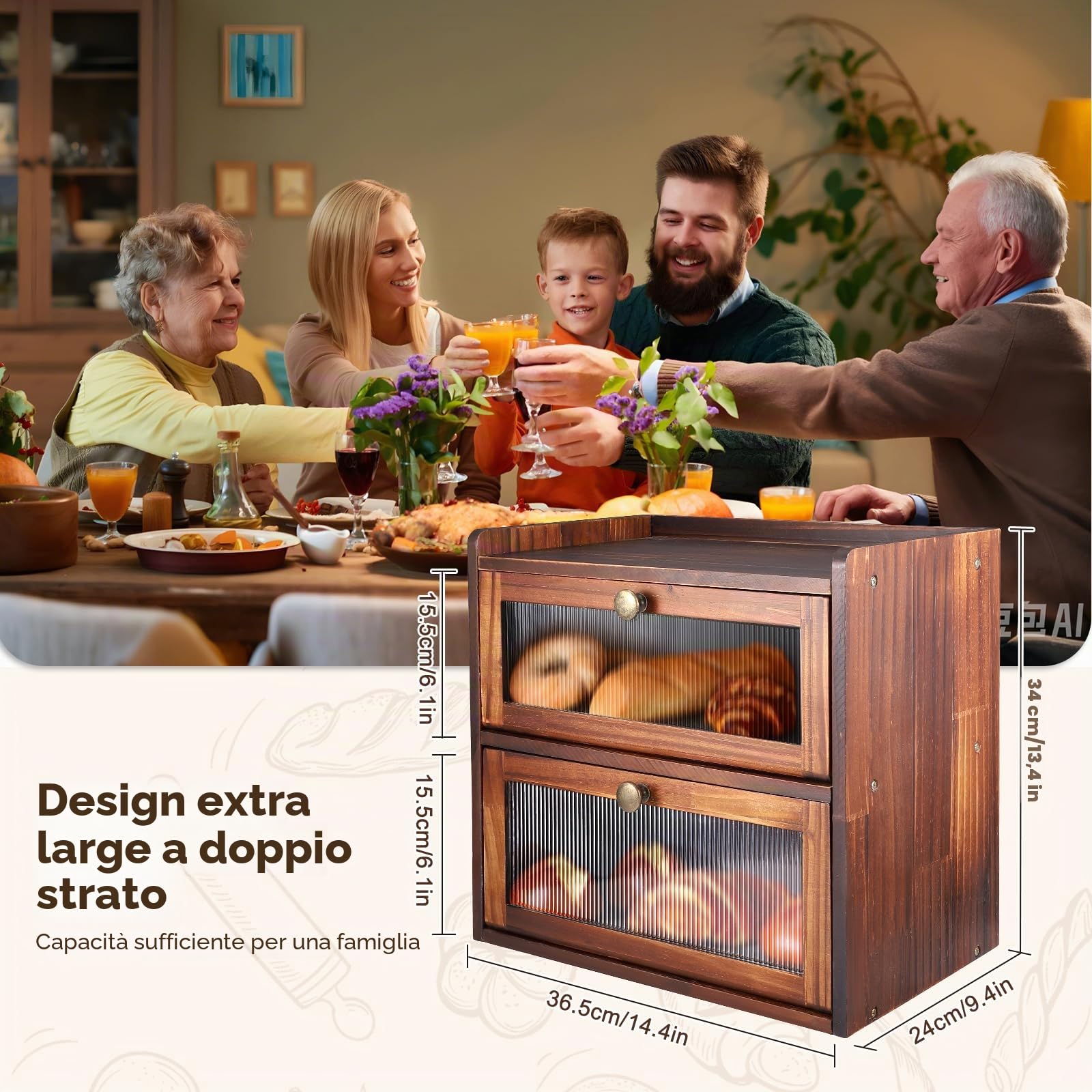 Contenitore per il Pane Doppio Strato per il Piano di Lavoro della Cucina, Portapane in Legno con Finestre, Scatola per Alimenti Secchi con Prese D'aria per Mantenere il Pane Fresco(Marrone)