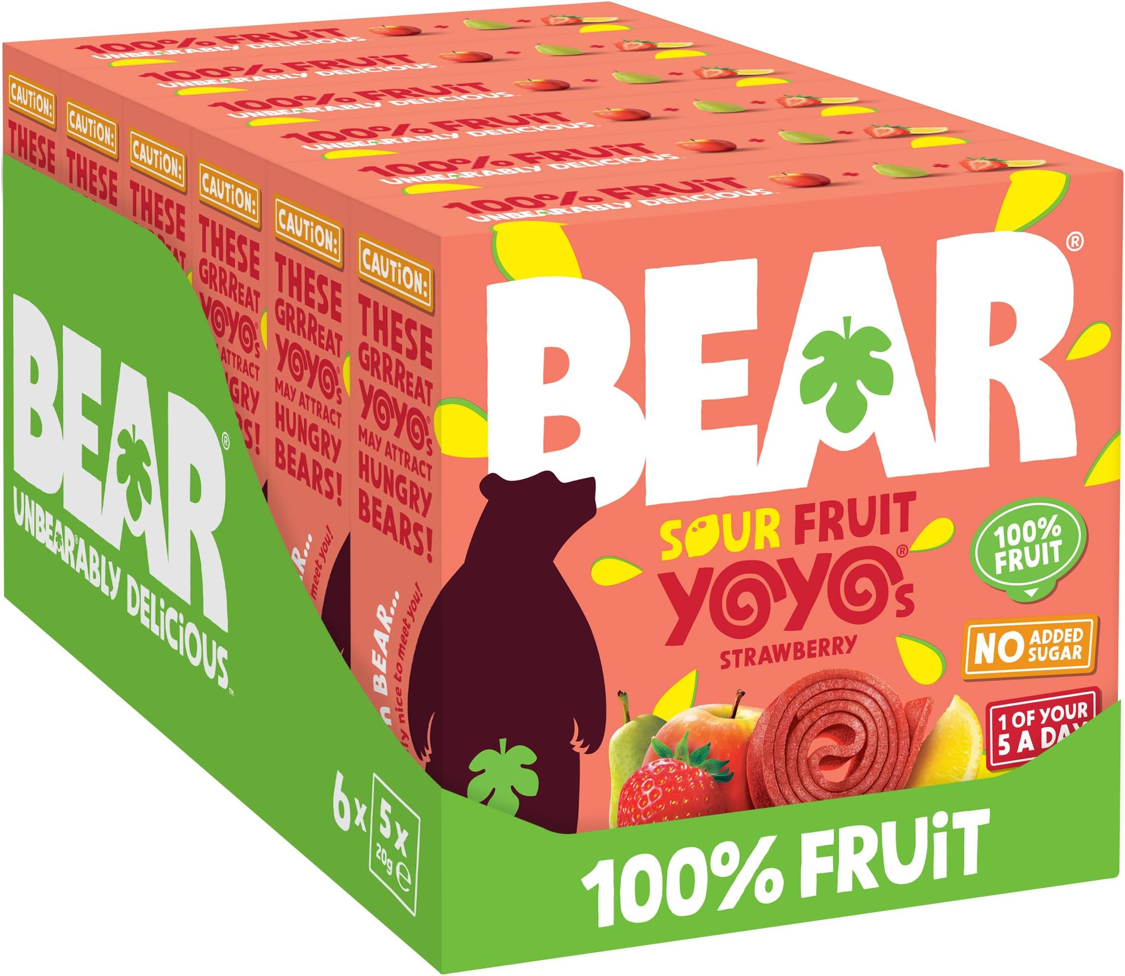 BEAR Super Sour Strawberry & Apple Yoyos - Dried Fruit Rolls - Healthy - Vegan - (Pack of 30)20g, 6 Packs x 5 Small packs