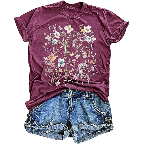 Women's Vintage Floral T Shirt Boho Wildflower Graphic Loose Tees Short Sleeve Casual Tops