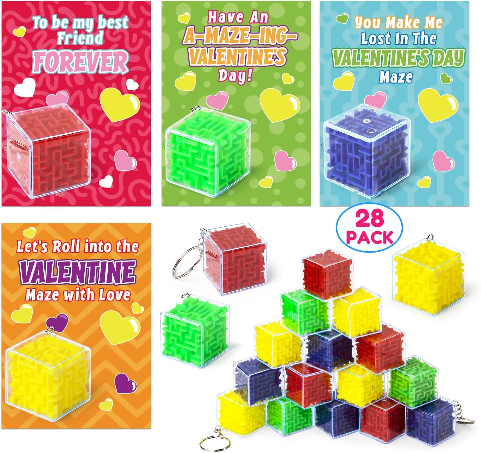 BAYSING 28 Pack Valentines Day Gifts Cards for Kids, Maze Puzzle Key Chain Party Favors Valentine Day Exchange Cards for Boys Girls School Classroom