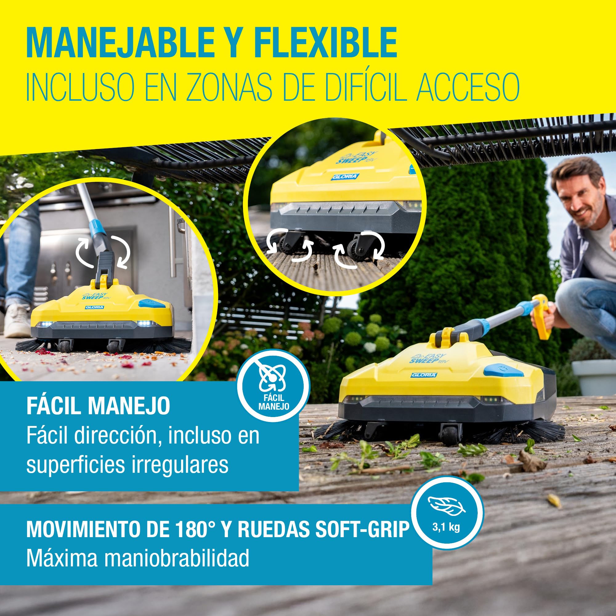 GLORIA Barredora de batería EasySweep 18V | Escoba eléctrica inalámbrica para interior y exterior | Entradas, aceras, terrazas, garajes y hojas | Compatible con Batería BOSCH 18V (no incluida)