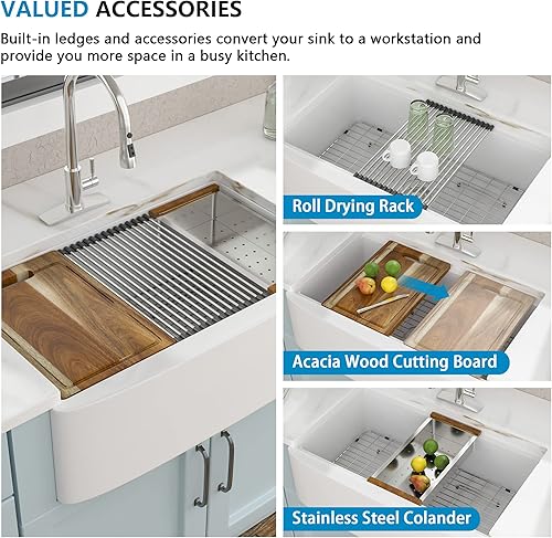 Miniatura 6 de Fregadero de granja blanco 33 - Estación de trabajo Fulorni de 33 x 21 pulgadas con repisa deslizante, porcelana de cerámica blanca, lavabo de