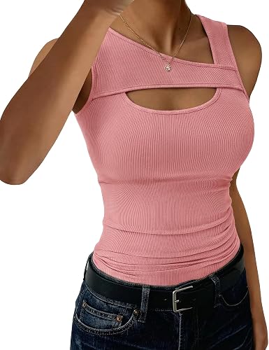 Aottori Top de alças mulher para o verão canelado elástico corte ajustado, ROSA 