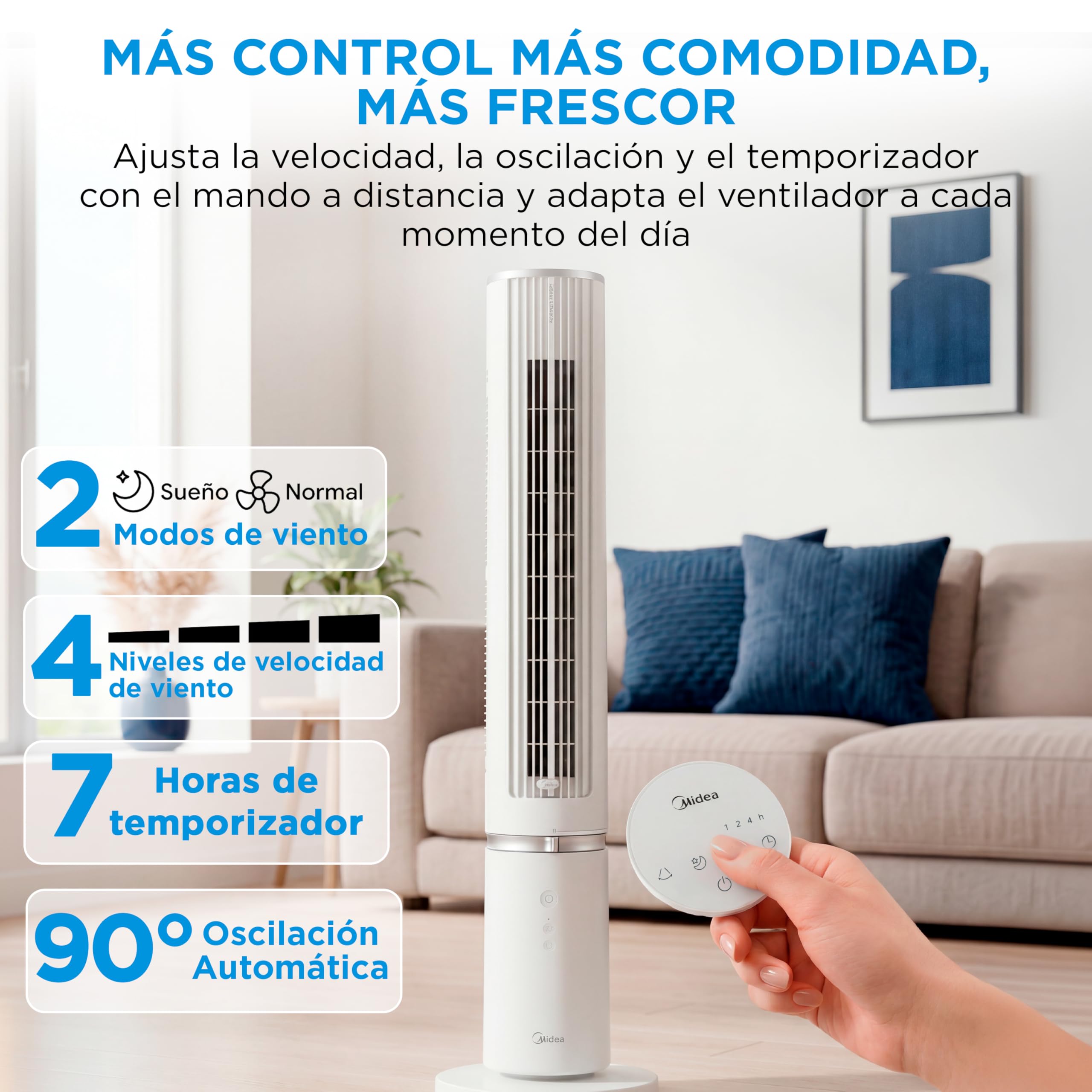 Midea Ventilador Torre con Mando a Distancia de 4 Velocidades - Ventilador de Torre Silencioso con Oscilación 90º, Temporizador 7h, Distancia 9m/s, 2 Modos, con Caja de Aromaterapia y Modo Sleep