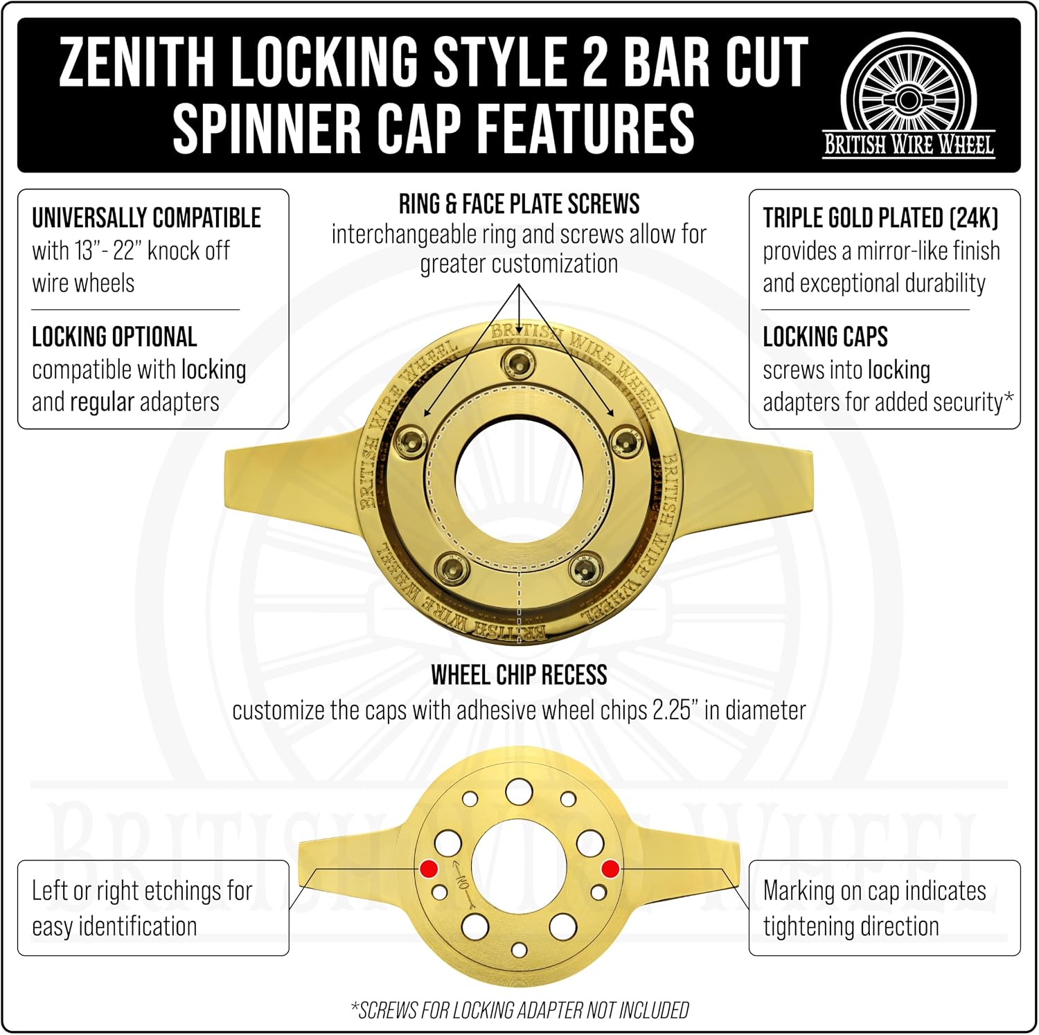 13x7 Reverse 100 Spoke Straight Lace Wire Wheels + Zenith 2 Bar Cut Gold Locking Spinner Caps + Locking Adapters 5x4.5, 5x4.75, 5x5 | Chrome Deep Dish Lowrider Rims | Set + Hammer