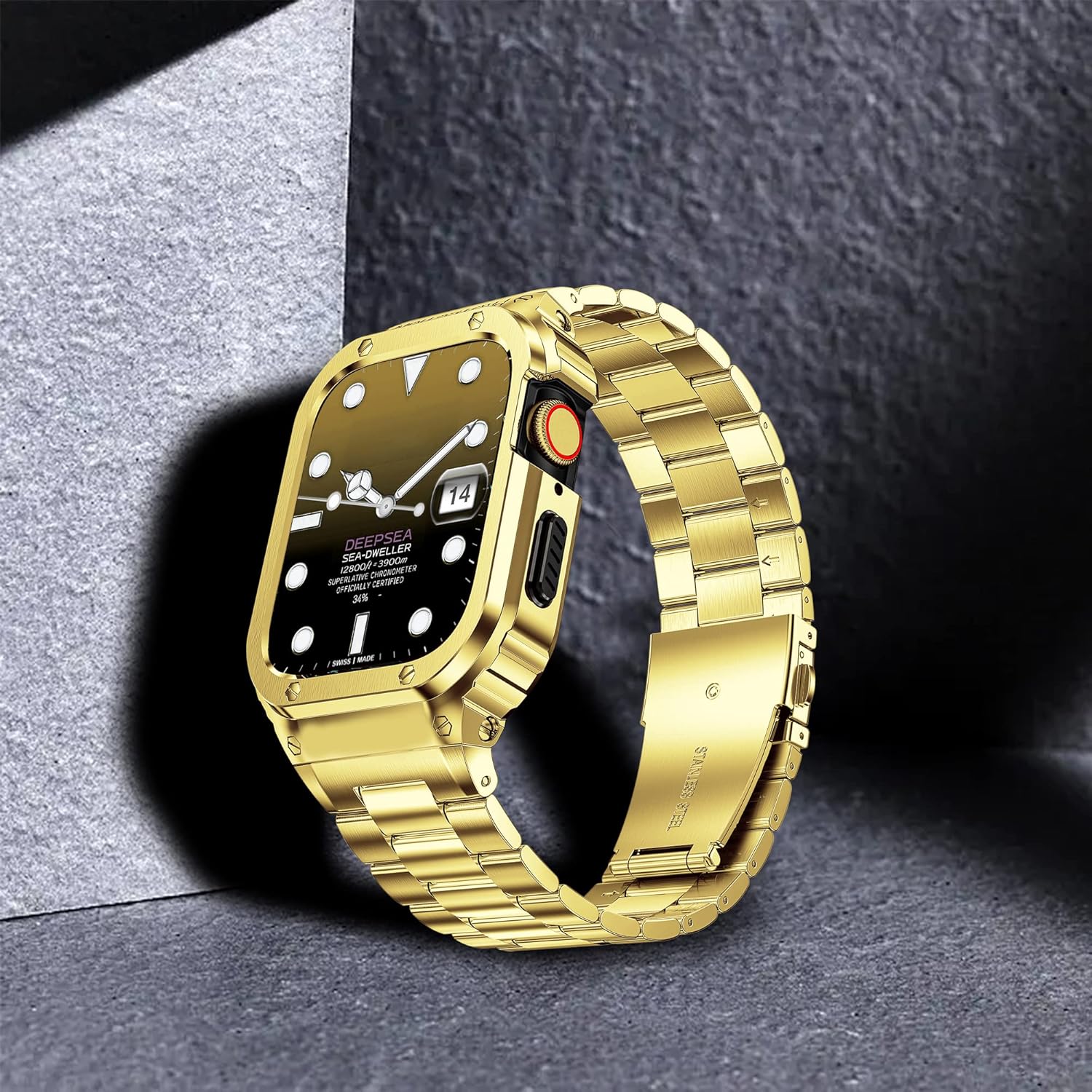 HASLFM Stainless Steel Band with Case Compatible with Apple Watch Series 6 5 4 SE3/2/1(44mm),Series 3 2 1 (42mm), Metal Protective Bumper Cover for iWatch Bands Men,Gold - Image 7