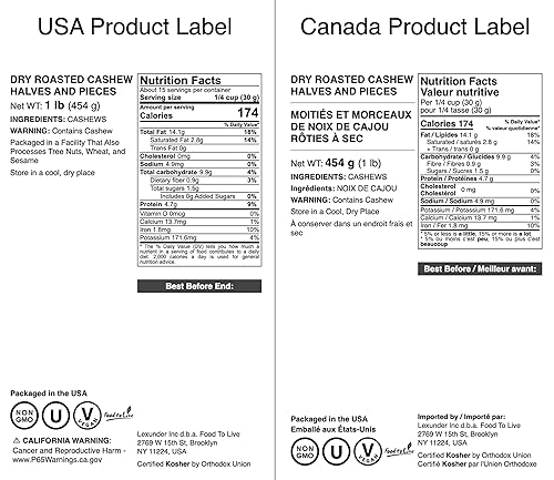 Miniatura 3 de Food to Live - Mitades y trozos de anacardo asados en seco, 1 libra - Asado al horno sin sal, sin aceite añadido, Keto, Kosher. Alto en proteínas,