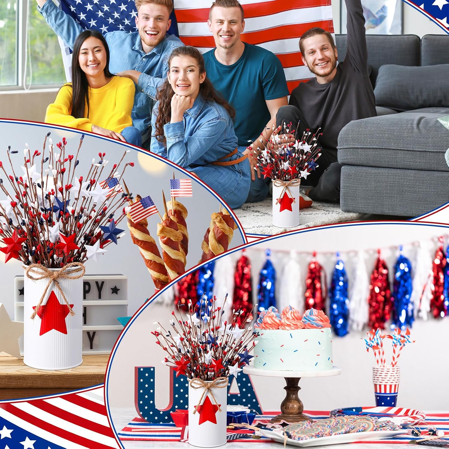 SiliFine Patriotic Table Centerpiece Decoration Memorial Day 4th of July Artificial Flower Stems Star Shaped Berry Picks with Metal Vase Pot for 250th Independence Day Office Home(White and Red)
