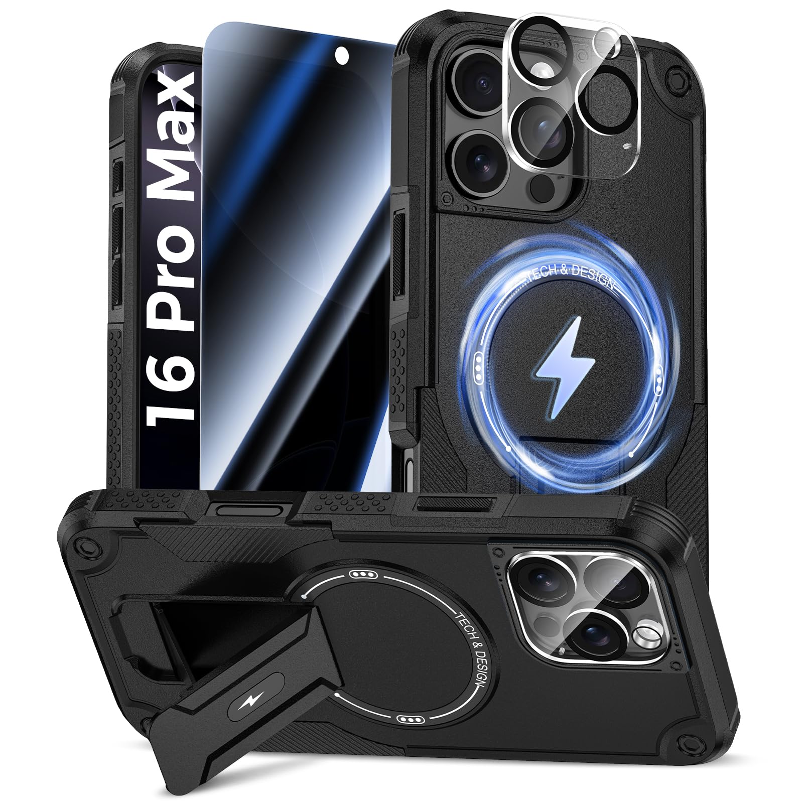 Goton 3 in 1 for iPhone 16 Pro Max Case with Privacy Screen Protector Black