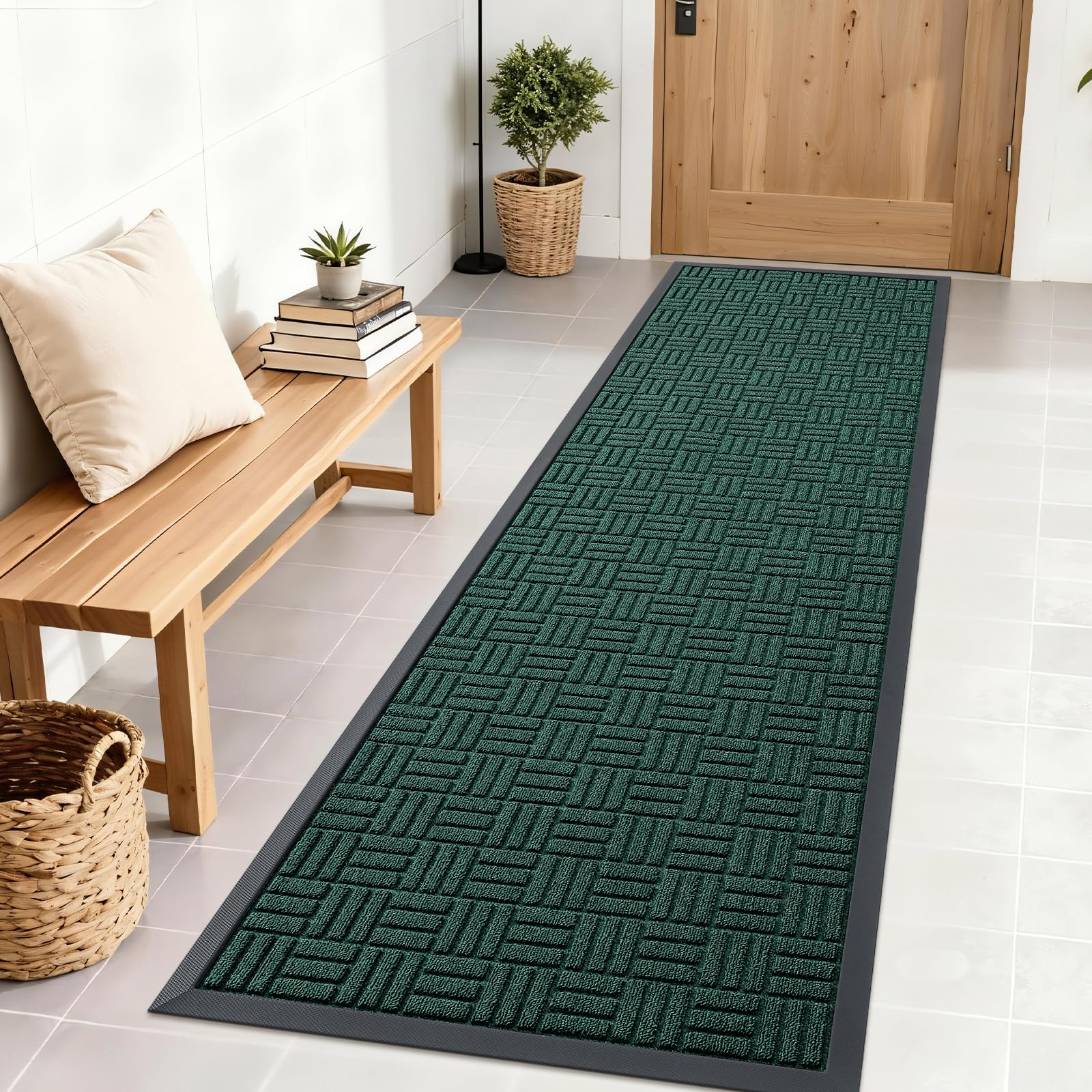 OLANLY Front Door Mat Outside Entrance 71x23, Heavy-Duty Rubber Doormat | Black Green, Stain and Fade Resistant, Non-Slip Backing, Low-Profile Indoor Outdoor Floor Mat for Entryway, Easy to Clean
