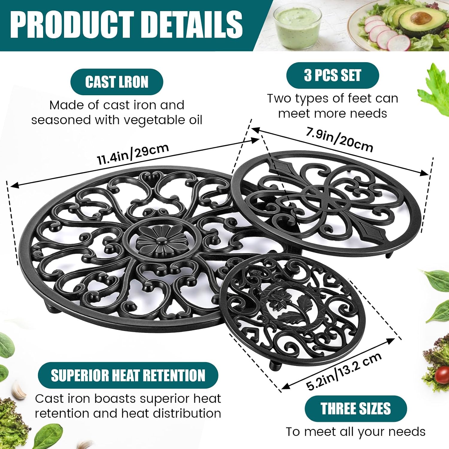 LEIFIDE 3 Pcs Cast Iron Trivet with Pegs Round Metal Trivet with Vintage Pattern 11.4'', 8'', 5.2'' Rustproof Heat Resistant Hot Pot Plate Stand Holder Mat Pad for Kitchen Dining Countertop, Black