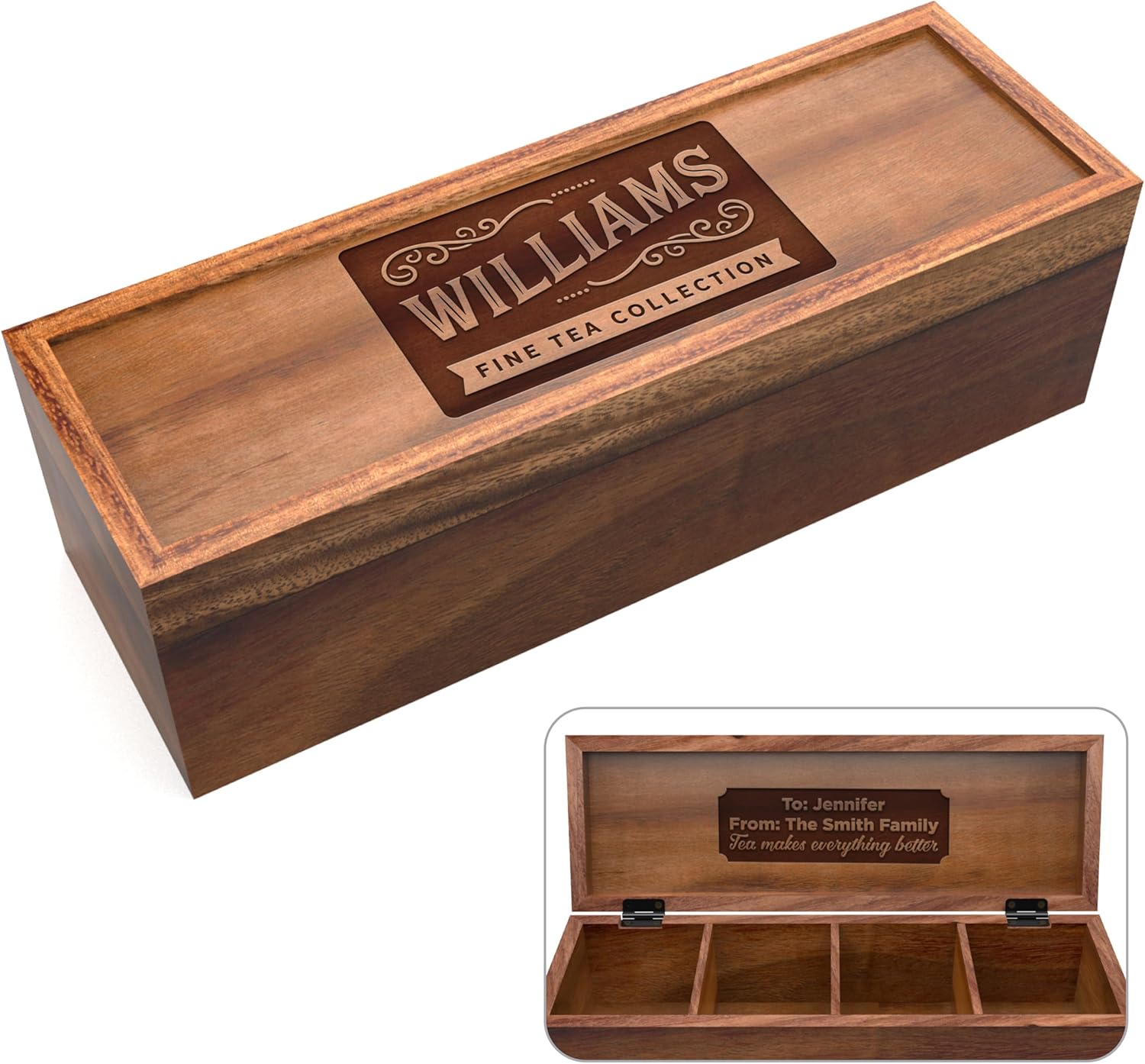 Personalized Tea Box – Elegant Wooden Tea Bag Organizer with 5 Compartments, Large Size Holds Gourmet Bags, Ideal Gift for Tea Lovers & Home Kitchen Display