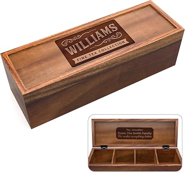 Personalized Tea Box Elegant Wooden Tea Bag Organizer with 5 Compartments, Large Size Holds Gourmet Bags, Ideal Gift for Tea Lovers & Home Kitchen Display