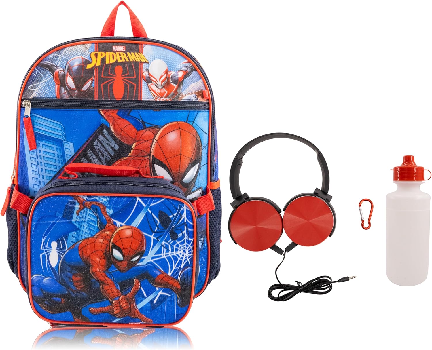 Marvel Spiderman Backpack With Lunch Box for Kids | Insulated Lunch Bag Lunch Box for Boys, Girls, Toddlers | Backpack for School and Reusable Lunchbox with Matching Headphones and Water Bottle