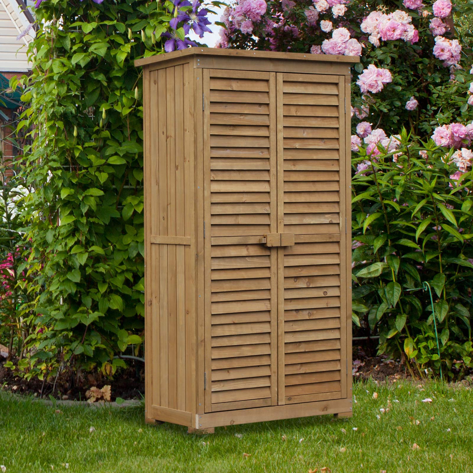Outsunny Gartenschrank Holz wetterfest 87x46,5x160cm Gerätehaus mit Tür Pultdach
