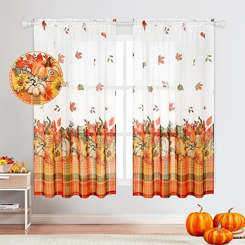 Miniatura 2 de Cortinas traslúcidas de otoño de Acción de Gracias para sala de estar, hojas de arce, calabaza, girasol, cortinas de ventana con bolsillo para