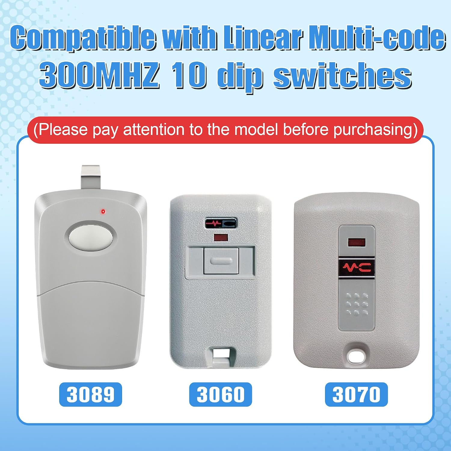 4 Pack Garage Door Opener Remotes Compatible with Linear Multi Code 3089, 3060, 3070, 300mhz 10 Dip Switch Gate Door Opener Remote Control Transmitter Replacement (2 Grey, 2 Black Mini)