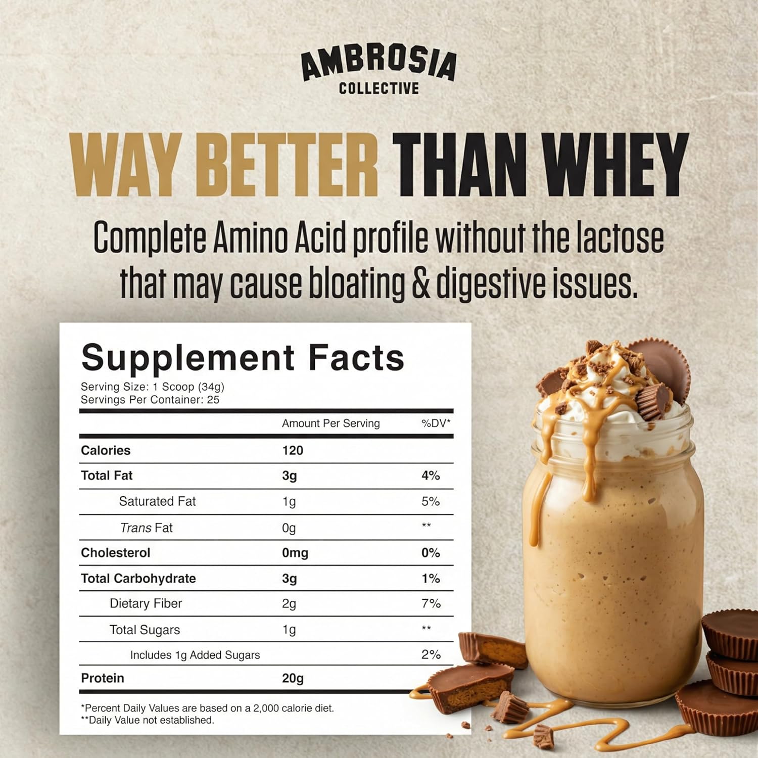 Ambrosia Plant Based Protein Powder 20g | Clean Vegan Pea Protein Powder | Gluten & Dairy Free, Keto Friendly, No Added Sugar | 25 Servings | Peanut Butter Cup image 2