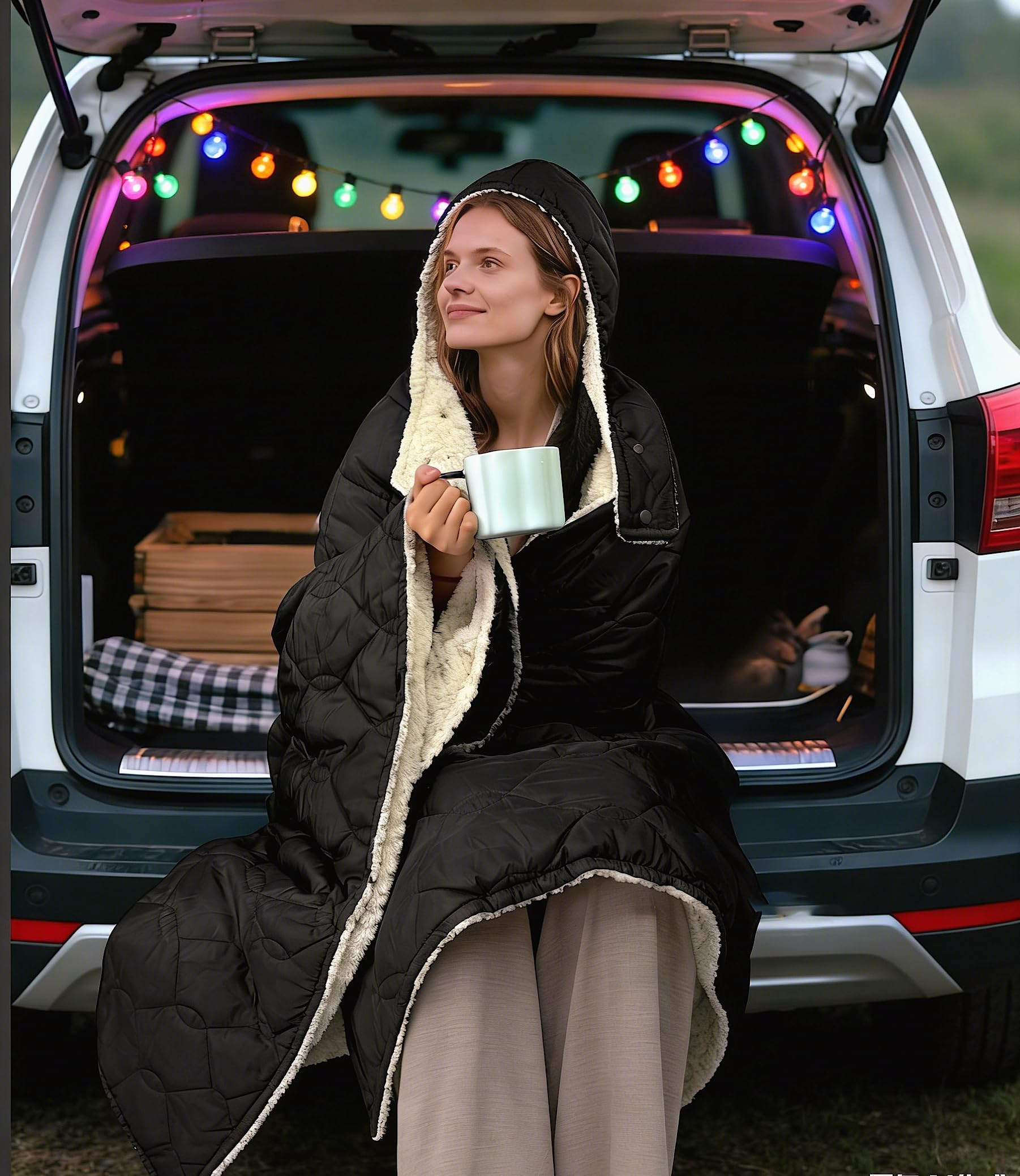 12V Battery Powered Heated Camping Quilt Blanket with Detachable Hood, Cordless Wearable Blanket with 15000 mAh Battery, Up to 167°F Temperature with Overheat Protection