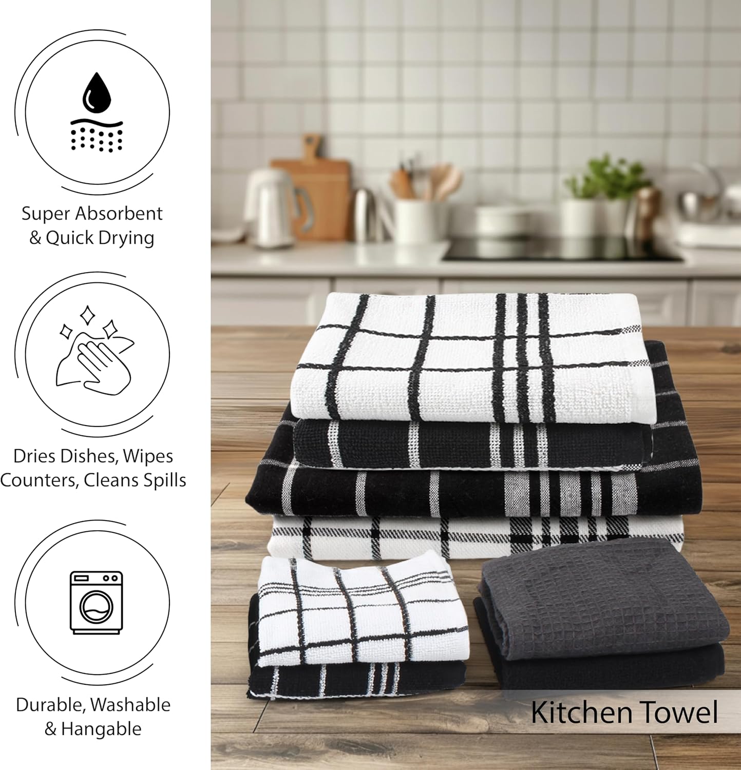 Encasa XO Kitchen and Dish Towels - Oven Mitts - Pot Holder Set of 12 Pc - Pure Cotton - Dishcloths Grey Combo