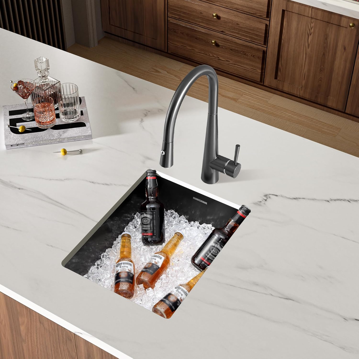 SINKVINE wet bar sink filled with ice and beverages, demonstrating its use for entertaining