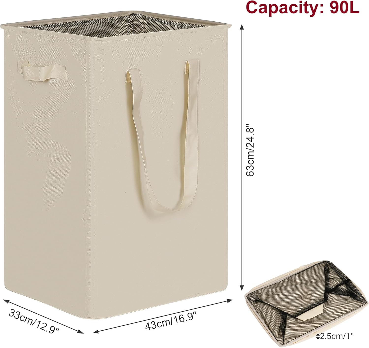 efluky slim laundry basket, narrow laundry hamper with handles, collapsible dirty clothes hamper, tall laundry bin for laundry room, dorm and bedroom, 90l beige beige 90l without lid
