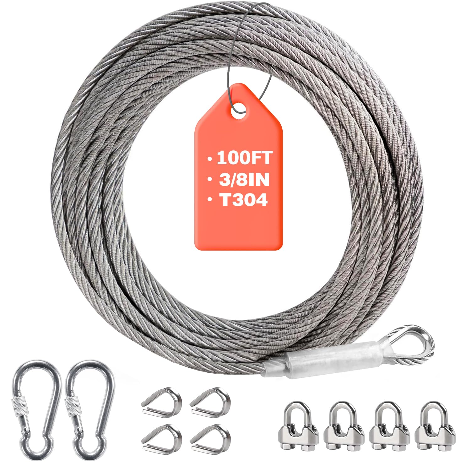 Cuerda de alambre de acero inoxidable de 3/8 pulgadas, cable de acero inoxidable 304 con bucle, resistencia a la rotura de 12000 libras, cuerda de alambre de 100 pies con clips y dedales para